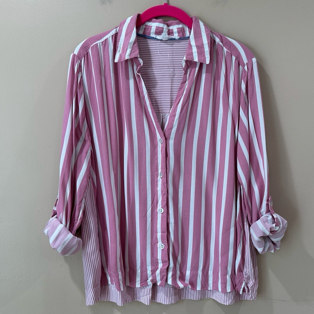 Jane And Delancey Top Button Down Shirt Mauve White Vertical Stripe Womens L New